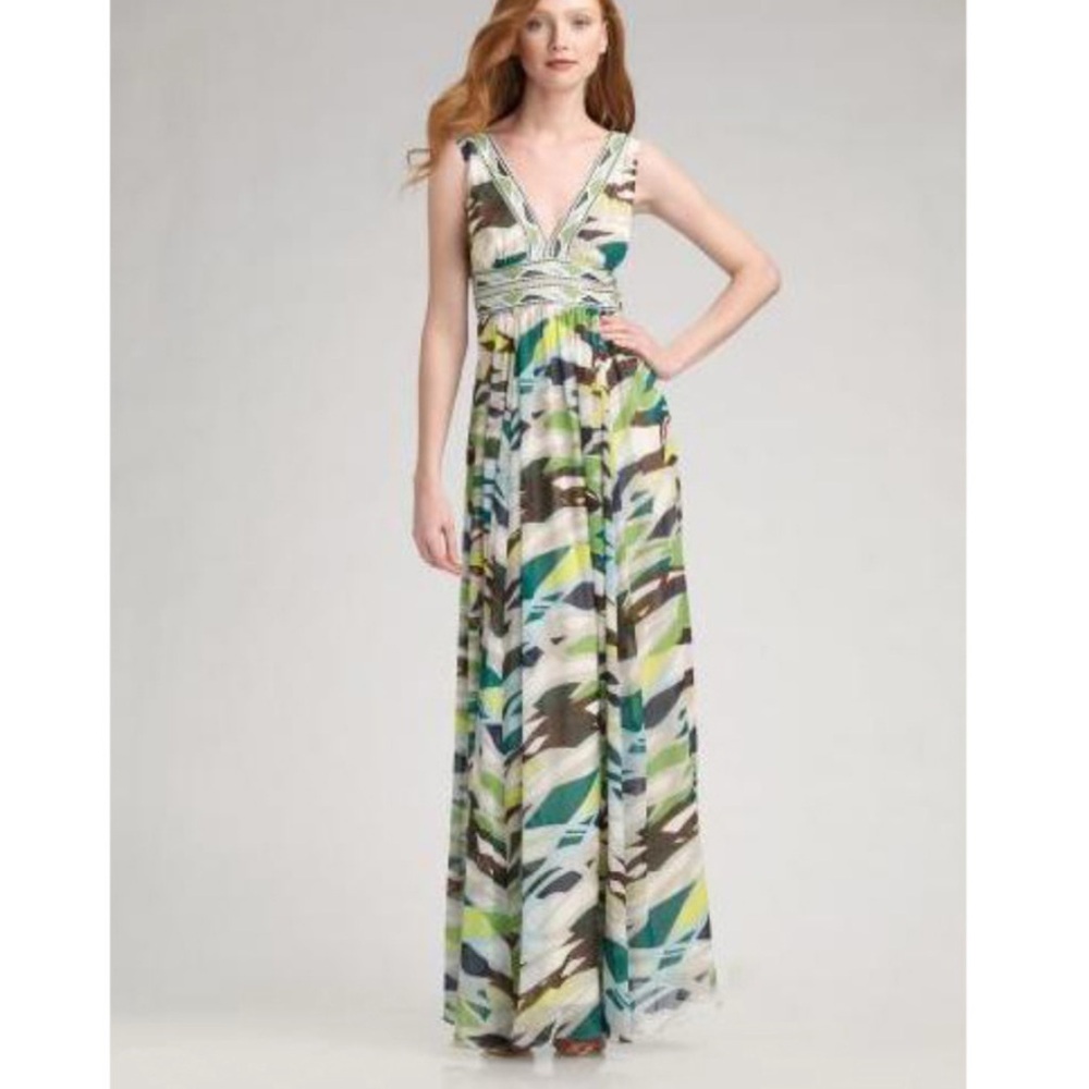 BCBGMaxAzria Beaded Silk Chiffon Deep V-Neck Maxi Dress Gown Size 8